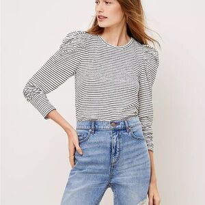 LOFT Black and White Stripe Textured Puff Shoulder Top Small